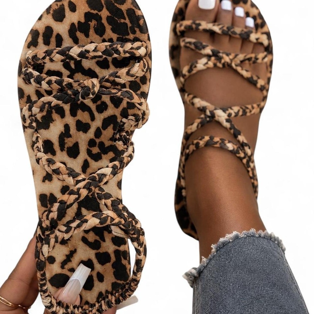 Leopard Print Braided Stretch Sandals | Boho Summer Flats